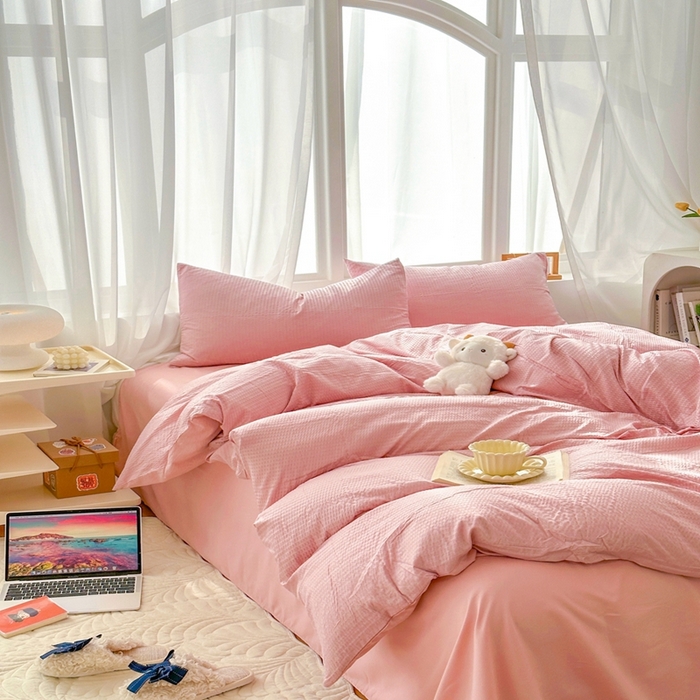 91家纺网 家纺一手货源 找家纺 （总）啊雅家居 2026新款轻奢韩式花边华夫格四件套-无边款