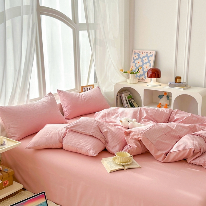 91家纺网 家纺一手货源 找家纺 啊雅家居 2026新款轻奢韩式花边华夫格四件套-无边款 梦幻粉