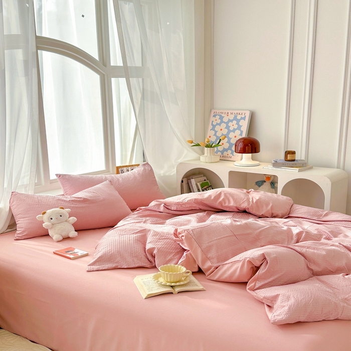 91家纺网 家纺一手货源 找家纺 啊雅家居 2026新款轻奢韩式花边华夫格四件套-无边款 梦幻粉