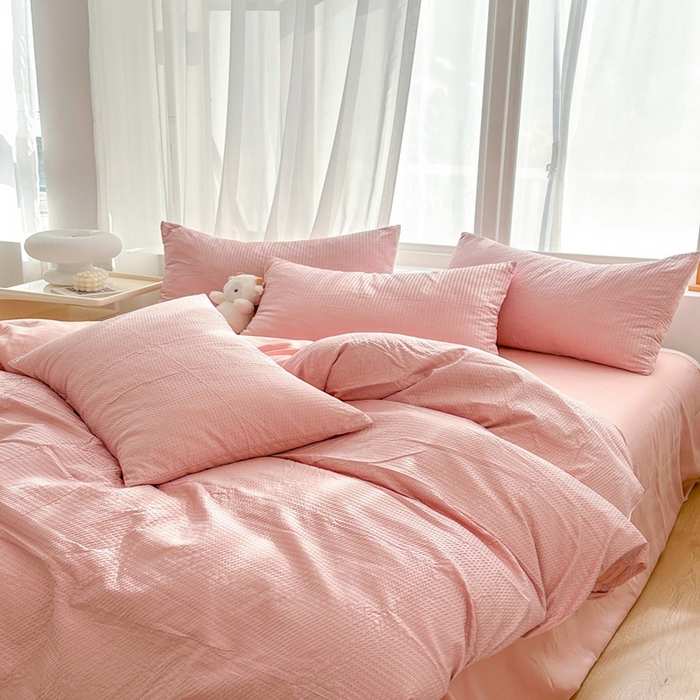 91家纺网 家纺一手货源 找家纺 啊雅家居 2026新款轻奢韩式花边华夫格四件套-无边款 梦幻粉