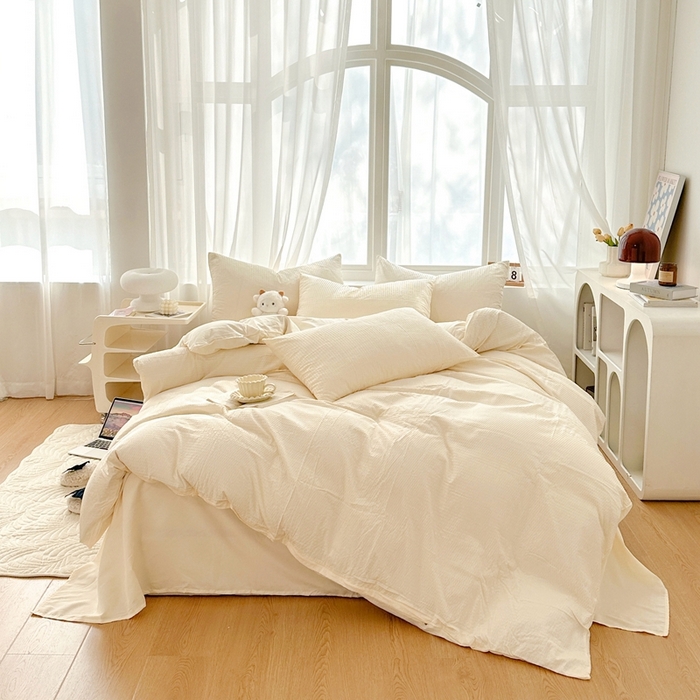 啊雅家居 2026新款轻奢韩式花边华夫格四件套-无边款 梦幻黄