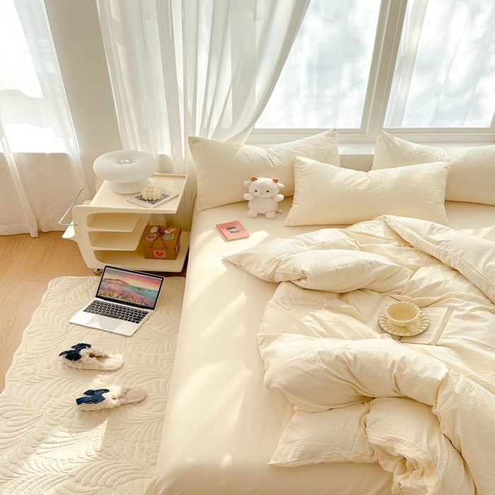 91家纺网 家纺一手货源 找家纺 啊雅家居 2026新款轻奢韩式花边华夫格四件套-无边款 梦幻黄