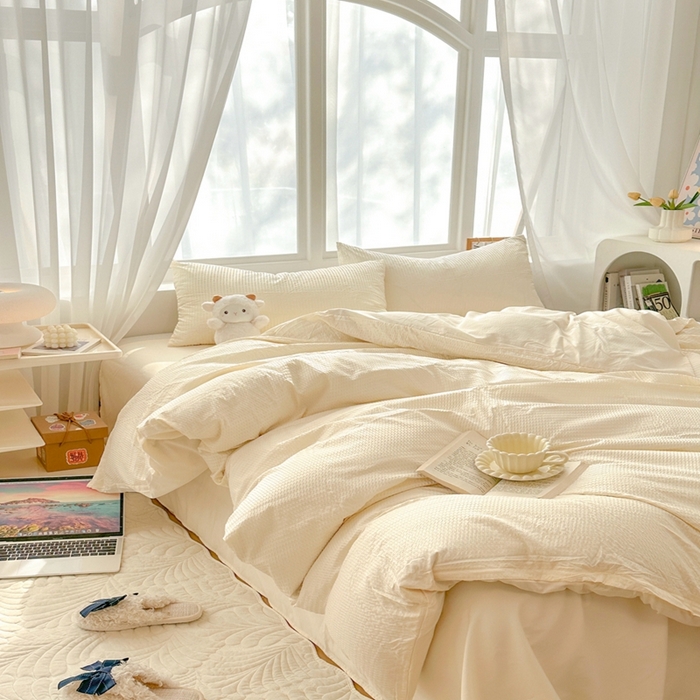 91家纺网 家纺一手货源 找家纺 啊雅家居 2026新款轻奢韩式花边华夫格四件套-无边款 梦幻黄