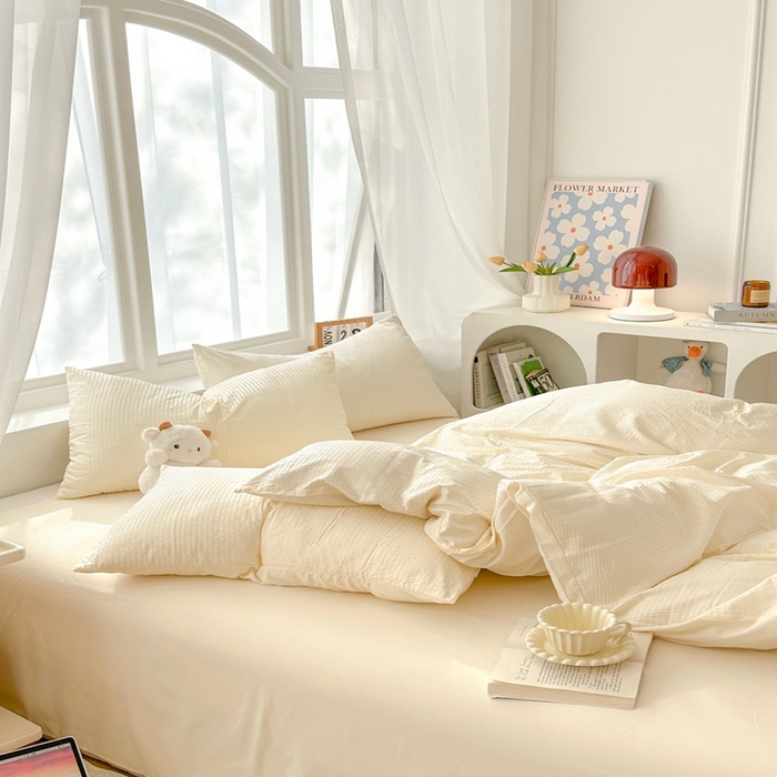 91家纺网 家纺一手货源 找家纺 啊雅家居 2026新款轻奢韩式花边华夫格四件套-无边款 梦幻黄