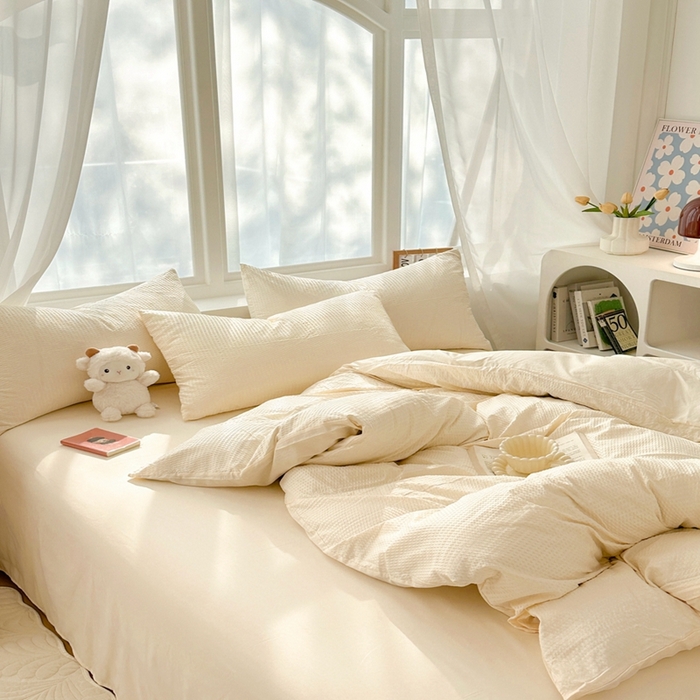 91家纺网 家纺一手货源 找家纺 啊雅家居 2026新款轻奢韩式花边华夫格四件套-无边款 梦幻黄