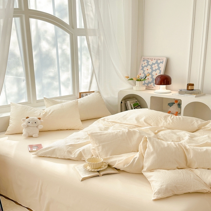 91家纺网 家纺一手货源 找家纺 啊雅家居 2026新款轻奢韩式花边华夫格四件套-无边款 梦幻黄