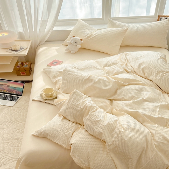 91家纺网 家纺一手货源 找家纺 啊雅家居 2026新款轻奢韩式花边华夫格四件套-无边款 梦幻黄