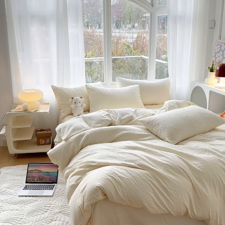 91家纺网 家纺一手货源 找家纺 啊雅家居 2026新款轻奢韩式花边华夫格四件套-无边款 梦幻黄