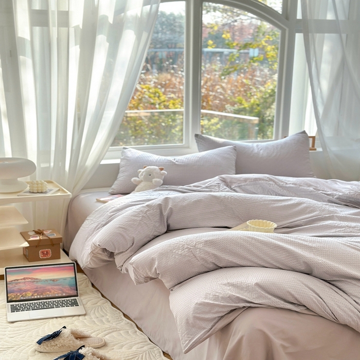 91家纺网 家纺一手货源 找家纺 啊雅家居 2026新款轻奢韩式花边华夫格四件套-无边款 梦幻灰