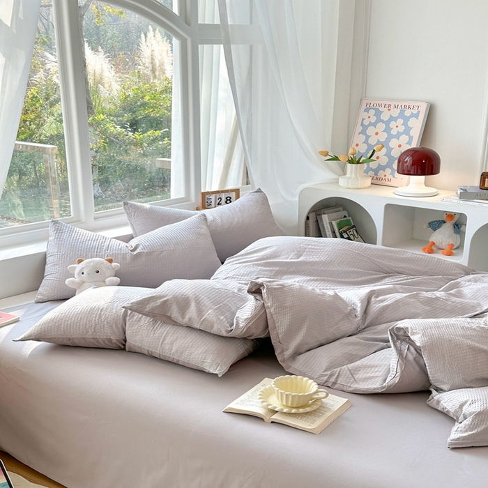 91家纺网 家纺一手货源 找家纺 啊雅家居 2026新款轻奢韩式花边华夫格四件套-无边款 梦幻灰