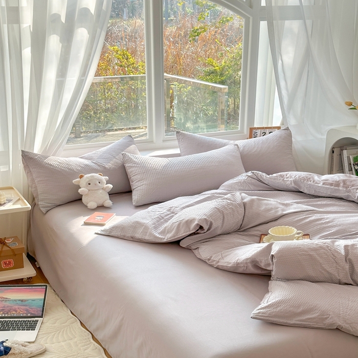 91家纺网 家纺一手货源 找家纺 啊雅家居 2026新款轻奢韩式花边华夫格四件套-无边款 梦幻灰