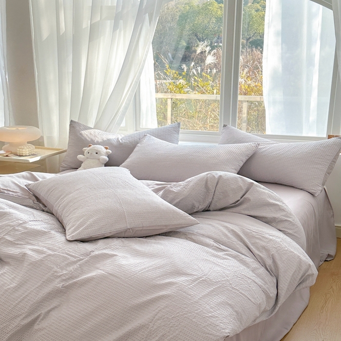 91家纺网 家纺一手货源 找家纺 啊雅家居 2026新款轻奢韩式花边华夫格四件套-无边款 梦幻灰