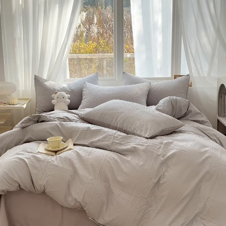 91家纺网 家纺一手货源 找家纺 啊雅家居 2026新款轻奢韩式花边华夫格四件套-无边款 梦幻灰