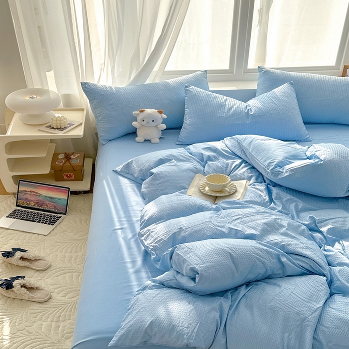 91家纺网 家纺一手货源 找家纺 啊雅家居 2026新款轻奢韩式花边华夫格四件套-无边款 梦幻兰