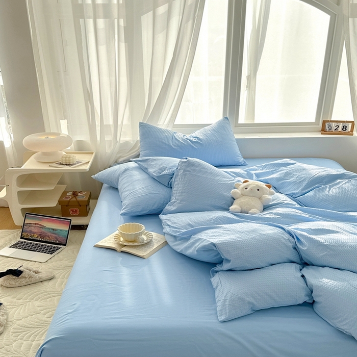 91家纺网 家纺一手货源 找家纺 啊雅家居 2026新款轻奢韩式花边华夫格四件套-无边款 梦幻兰