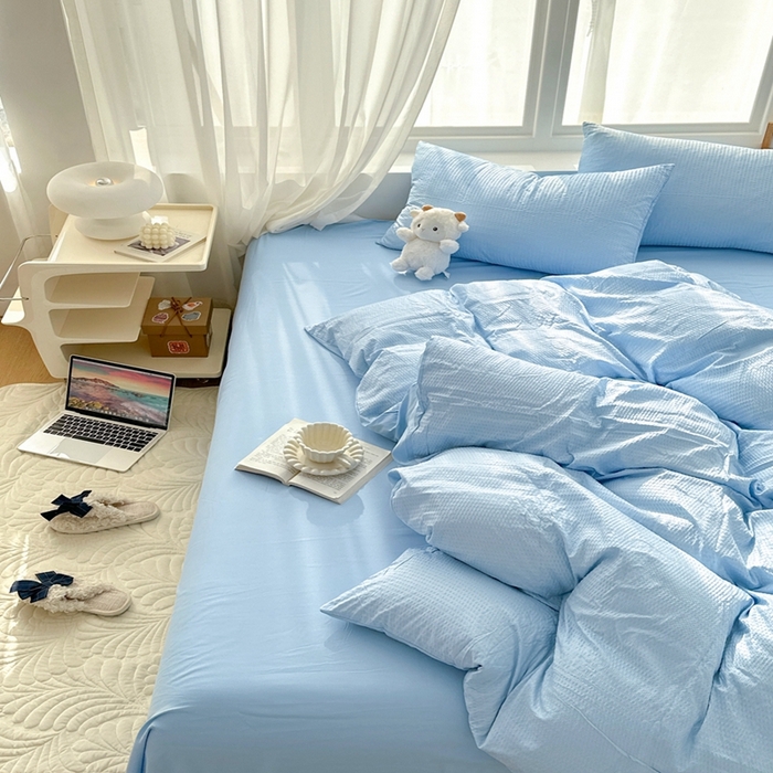 91家纺网 家纺一手货源 找家纺 啊雅家居 2026新款轻奢韩式花边华夫格四件套-无边款 梦幻兰