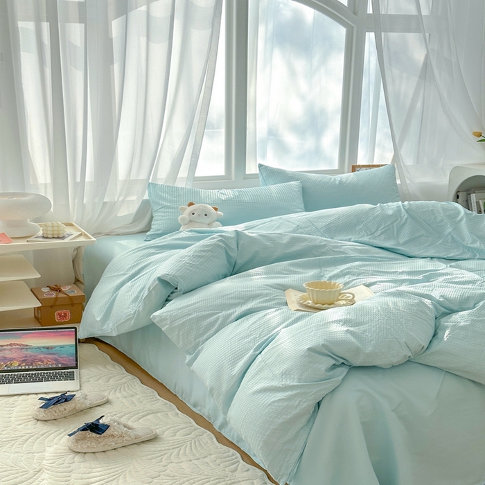 91家纺网 家纺一手货源 找家纺 啊雅家居 2026新款轻奢韩式花边华夫格四件套-无边款 梦幻绿