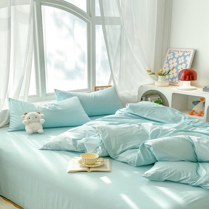 91家纺网 家纺一手货源 找家纺 啊雅家居 2026新款轻奢韩式花边华夫格四件套-无边款 梦幻绿