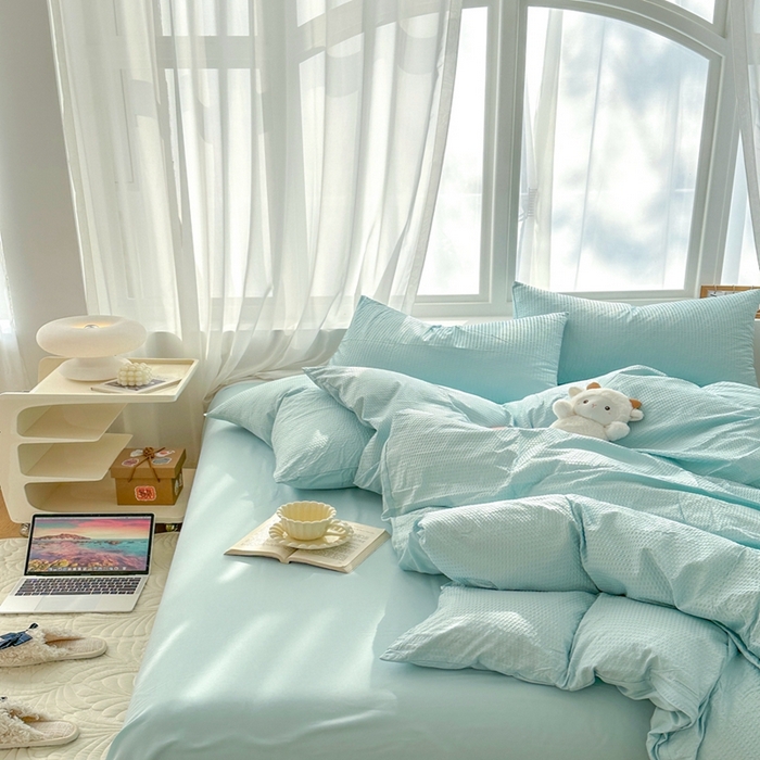 91家纺网 家纺一手货源 找家纺 啊雅家居 2026新款轻奢韩式花边华夫格四件套-无边款 梦幻绿