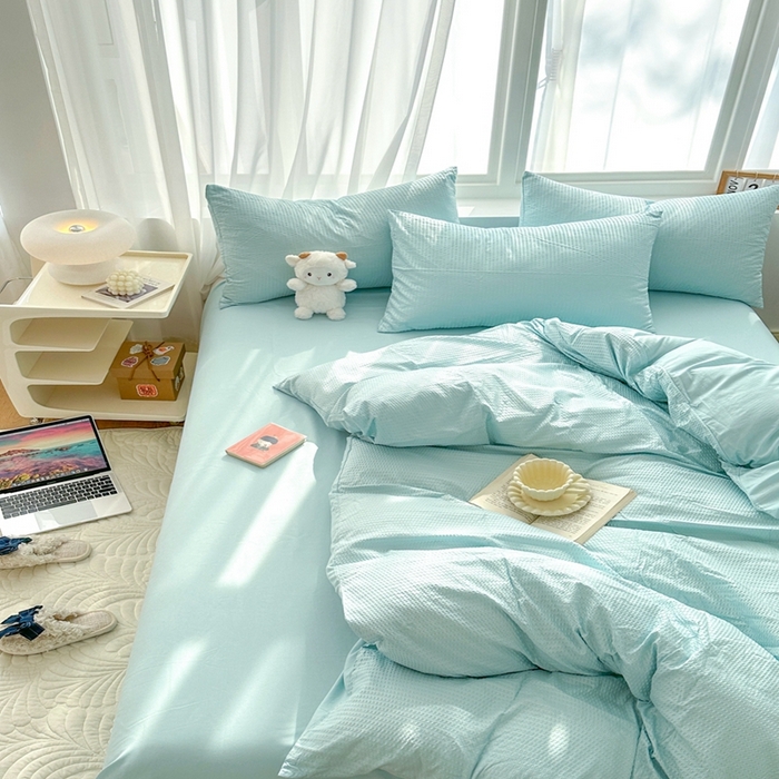 91家纺网 家纺一手货源 找家纺 啊雅家居 2026新款轻奢韩式花边华夫格四件套-无边款 梦幻绿