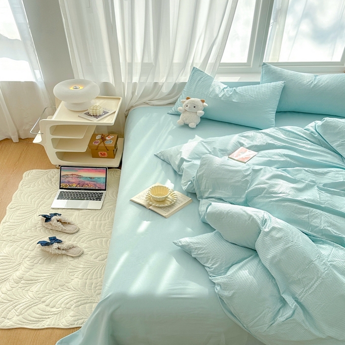 91家纺网 家纺一手货源 找家纺 啊雅家居 2026新款轻奢韩式花边华夫格四件套-无边款 梦幻绿