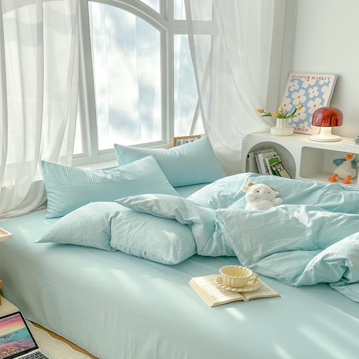 91家纺网 家纺一手货源 找家纺 啊雅家居 2026新款轻奢韩式花边华夫格四件套-无边款 梦幻绿