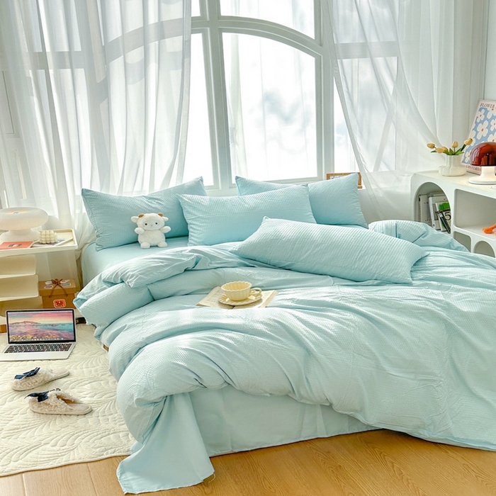 91家纺网 家纺一手货源 找家纺 啊雅家居 2026新款轻奢韩式花边华夫格四件套-无边款 梦幻绿