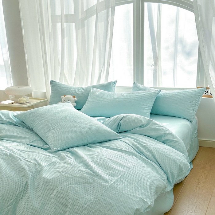 91家纺网 家纺一手货源 找家纺 啊雅家居 2026新款轻奢韩式花边华夫格四件套-无边款 梦幻绿