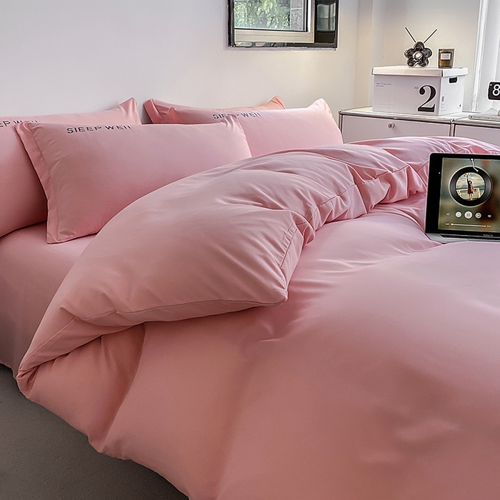 91家纺网 家纺一手货源 找家纺 啊雅家居 2026新款双拼绣花四季款磨毛三件套四件套床单款床笠款 奶粉