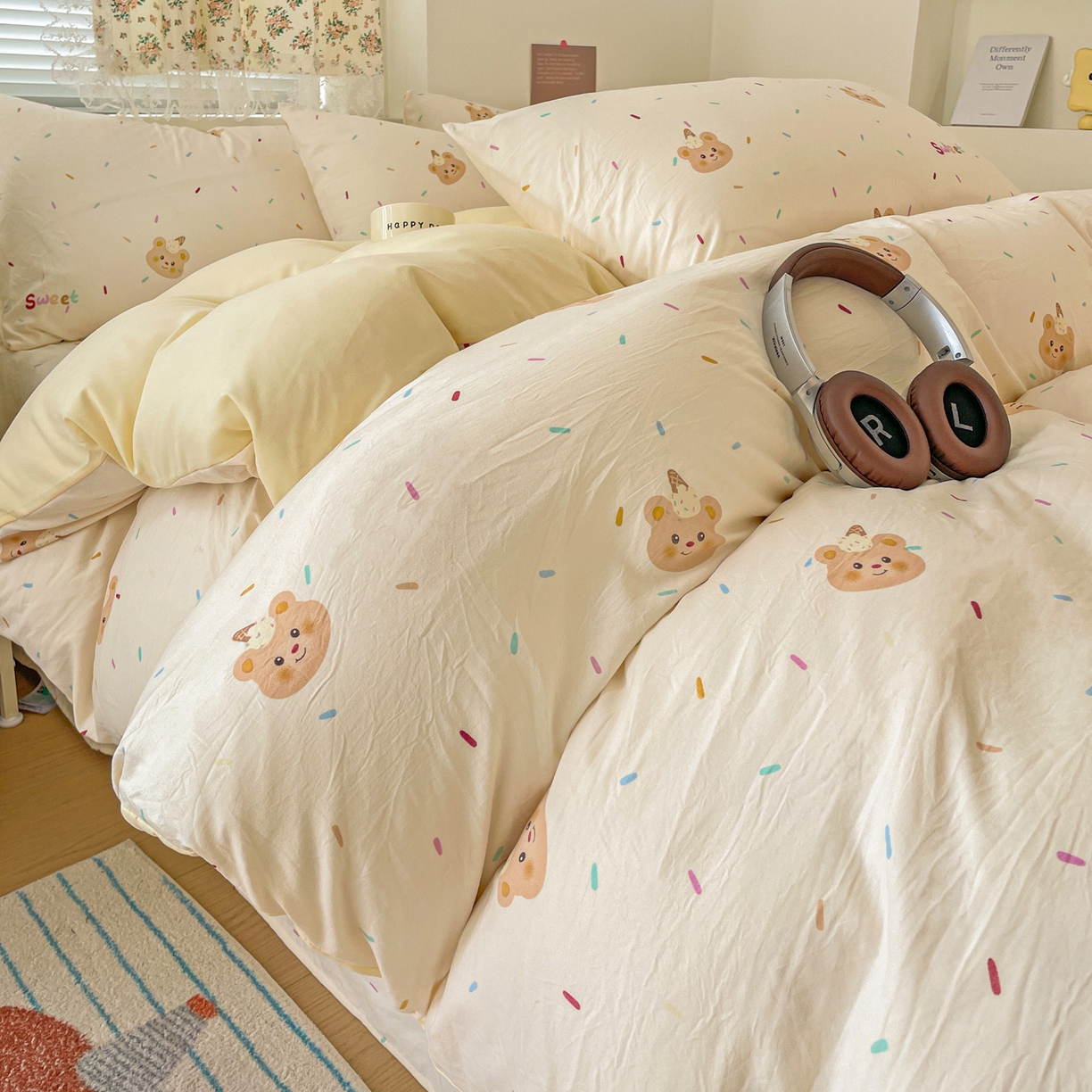 91家纺网 家纺一手货源 找家纺 纽缦家纺 2026春夏新款A类水洗棉四件套 小熊冰淇淋