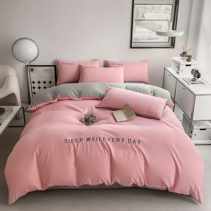 啊雅家居 2026新款双拼绣花四季款磨毛三件套四件套床单款床笠款 奶粉加奶浅灰