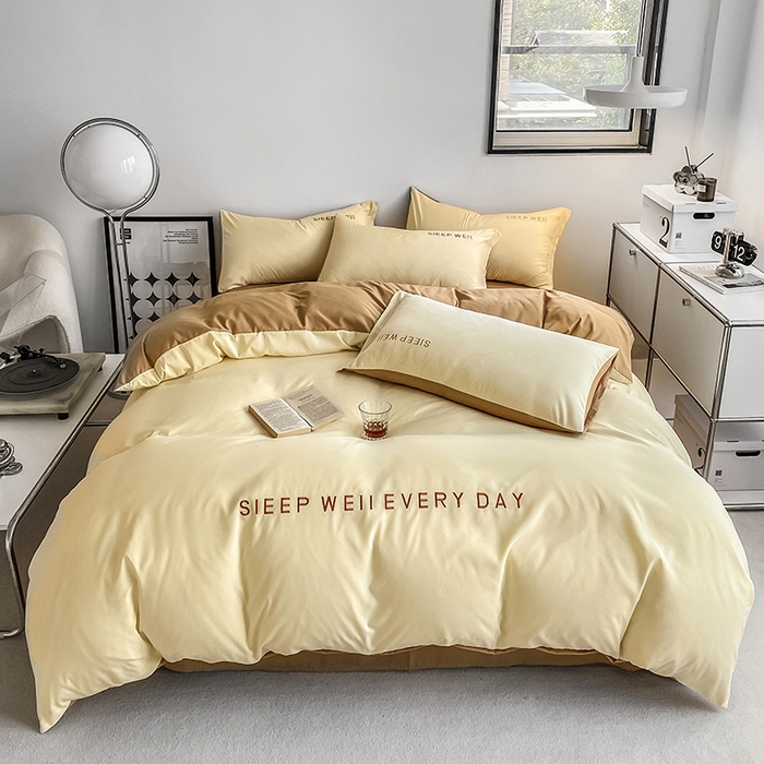 啊雅家居 2026新款双拼绣花四季款磨毛三件套四件套床单款床笠款 奶黄加奶咖