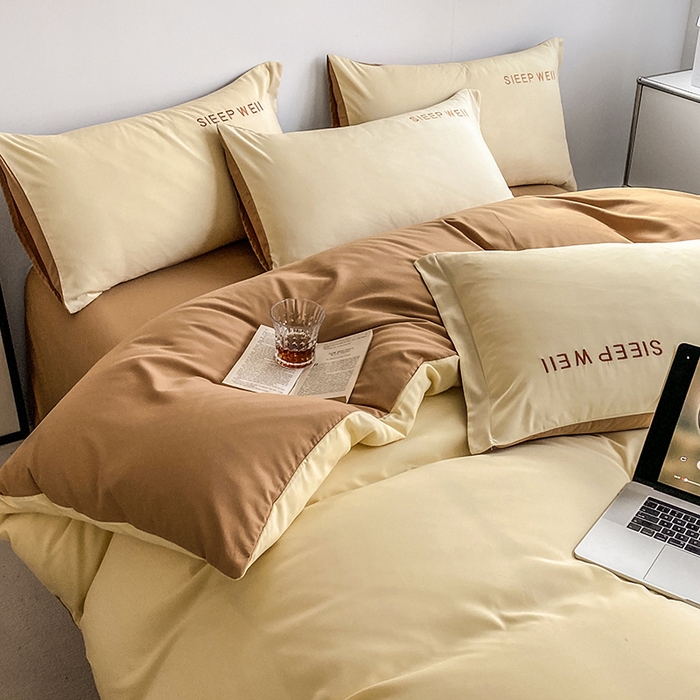 91家纺网 家纺一手货源 找家纺 啊雅家居 2026新款双拼绣花四季款磨毛三件套四件套床单款床笠款 奶黄加奶咖