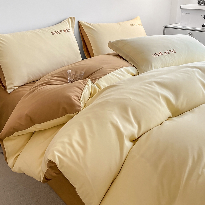 91家纺网 家纺一手货源 找家纺 啊雅家居 2026新款双拼绣花四季款磨毛三件套四件套床单款床笠款 奶黄加奶咖