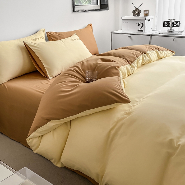 91家纺网 家纺一手货源 找家纺 啊雅家居 2026新款双拼绣花四季款磨毛三件套四件套床单款床笠款 奶黄加奶咖