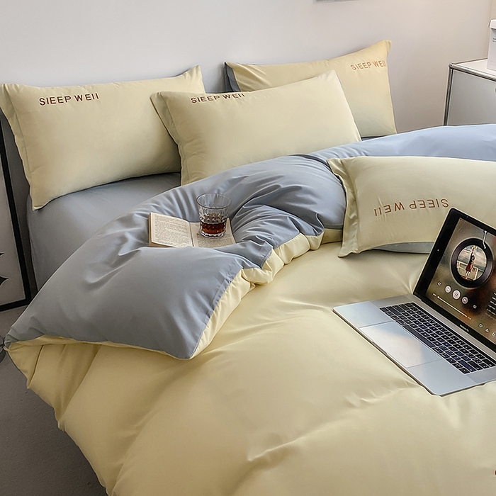 91家纺网 家纺一手货源 找家纺 啊雅家居 2026新款双拼绣花四季款磨毛三件套四件套床单款床笠款 奶黄加奶浅灰