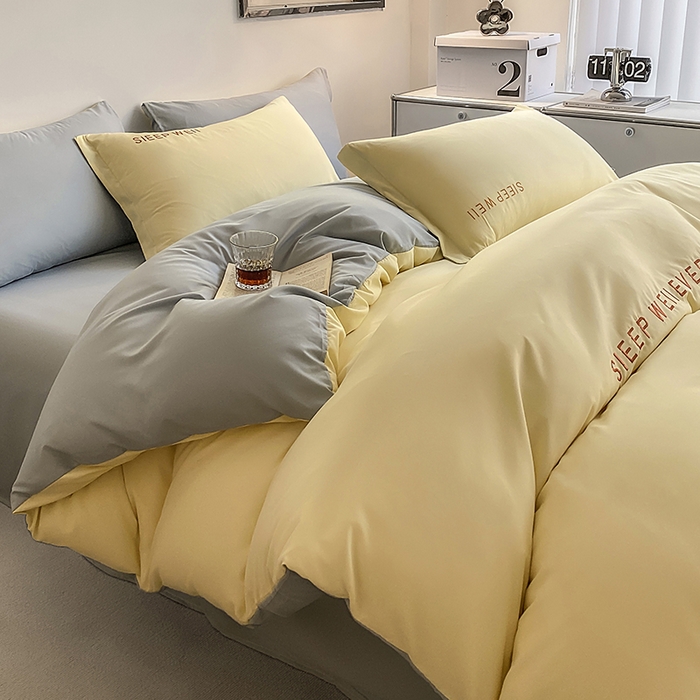 91家纺网 家纺一手货源 找家纺 啊雅家居 2026新款双拼绣花四季款磨毛三件套四件套床单款床笠款 奶黄加奶浅灰