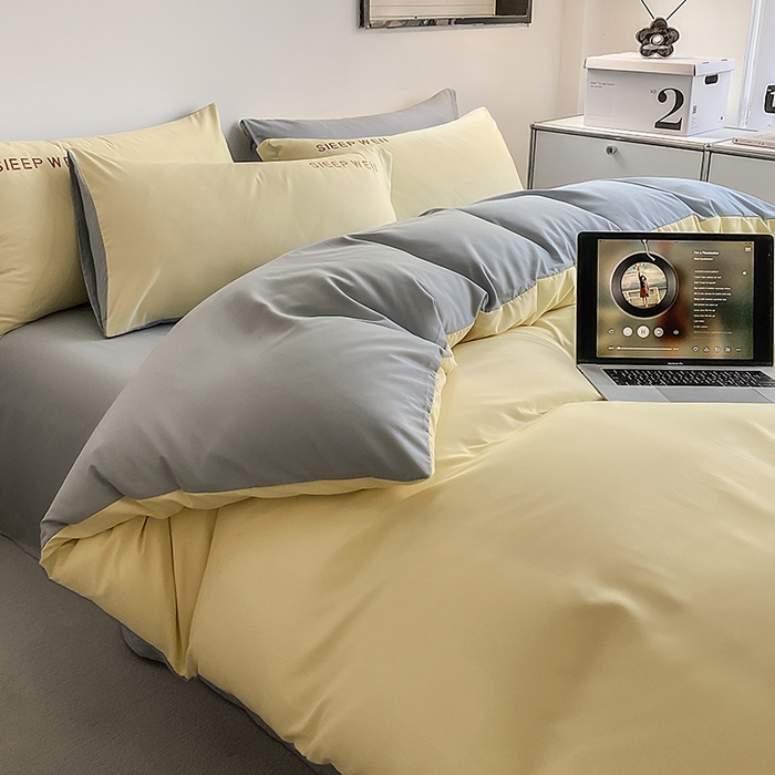 91家纺网 家纺一手货源 找家纺 啊雅家居 2026新款双拼绣花四季款磨毛三件套四件套床单款床笠款 奶黄加奶浅灰