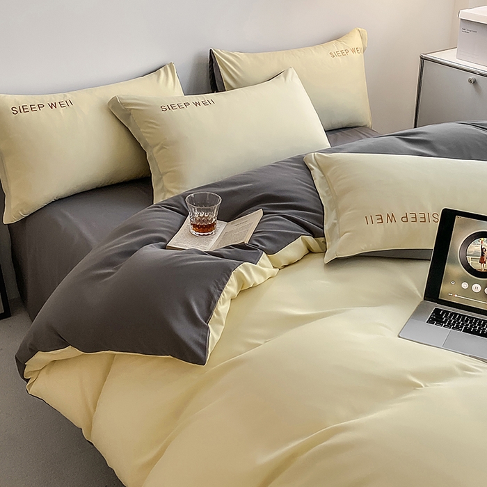 91家纺网 家纺一手货源 找家纺 啊雅家居 2026新款双拼绣花四季款磨毛三件套四件套床单款床笠款 奶黄加奶深灰