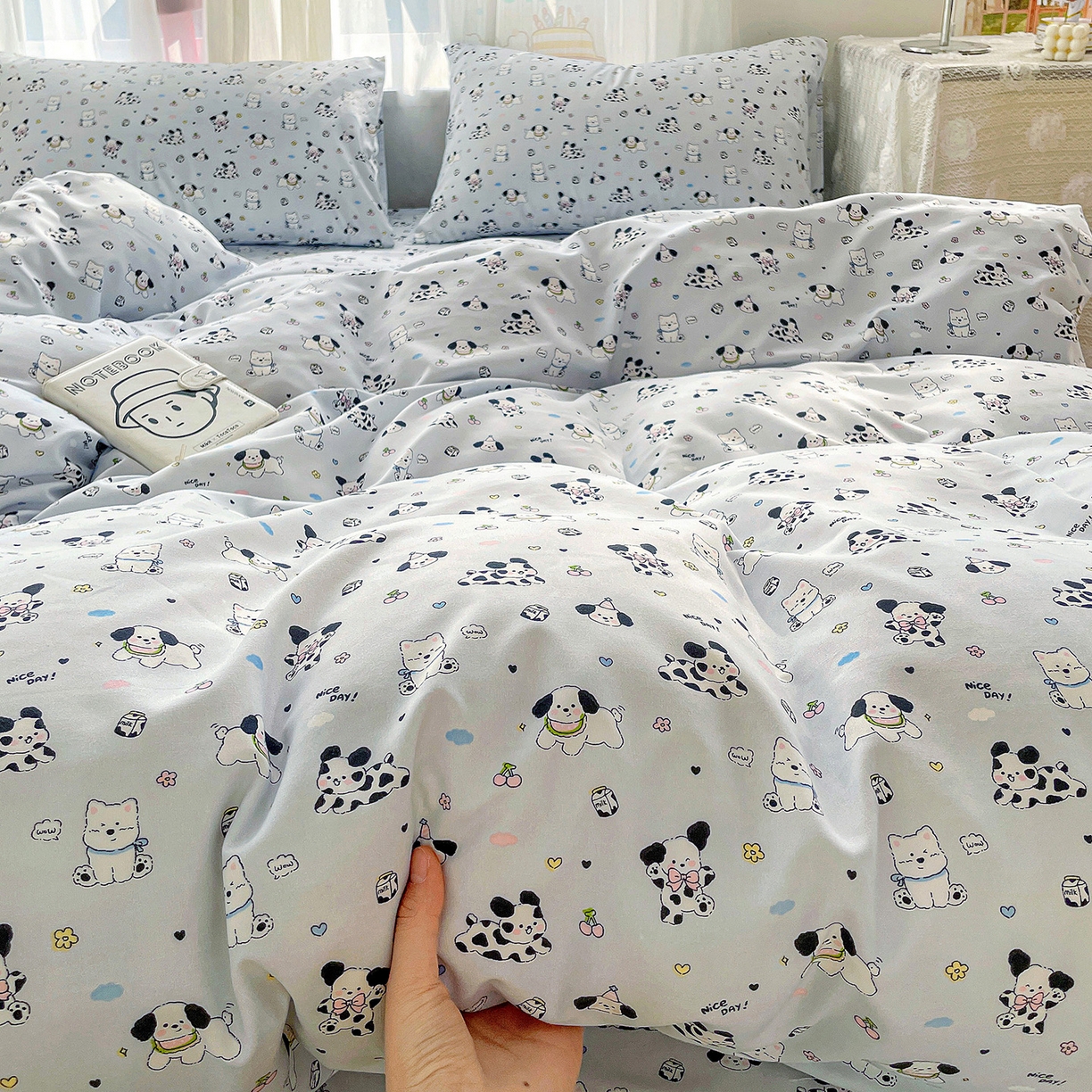 91家纺网 家纺一手货源 找家纺 纽缦家纺 2026春夏新款A类水洗棉四件套 波波印蓝