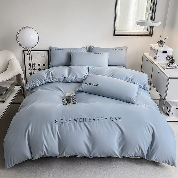 啊雅家居 2026新款双拼绣花四季款磨毛三件套四件套床单款床笠款 奶兰灰