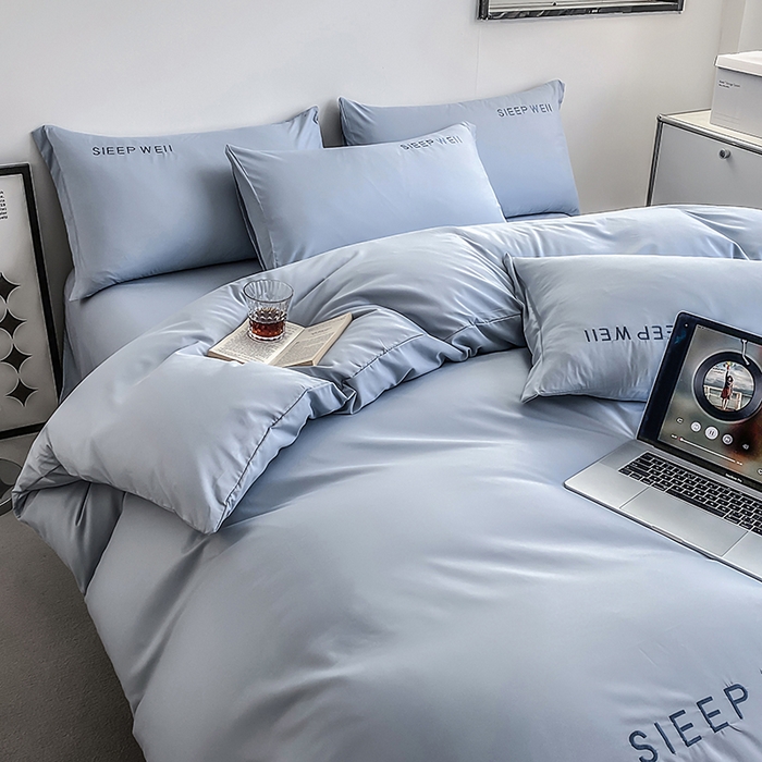 91家纺网 家纺一手货源 找家纺 啊雅家居 2026新款双拼绣花四季款磨毛三件套四件套床单款床笠款 奶兰灰