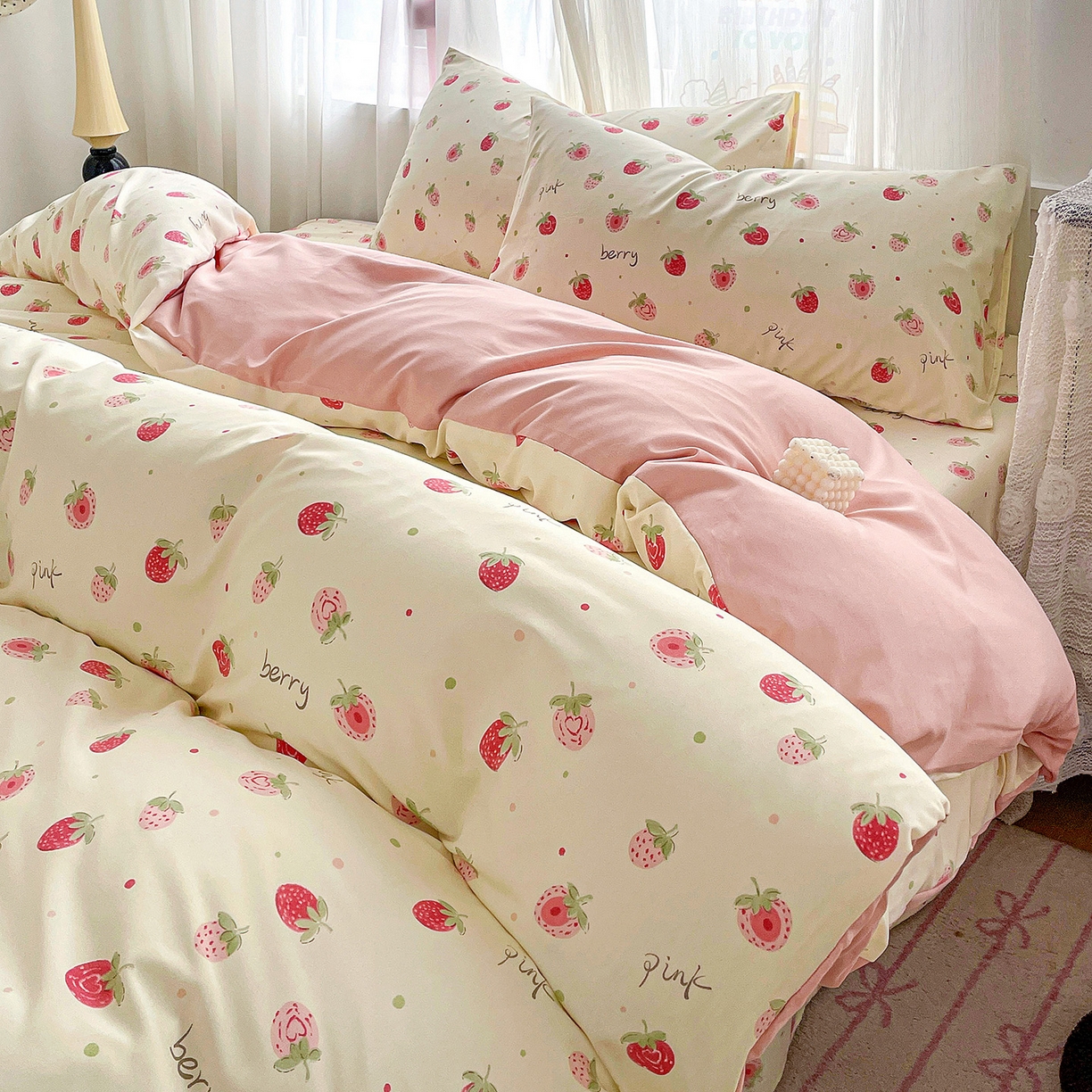 纽缦家纺 2026春夏新款A类水洗棉四件套 草莓冰