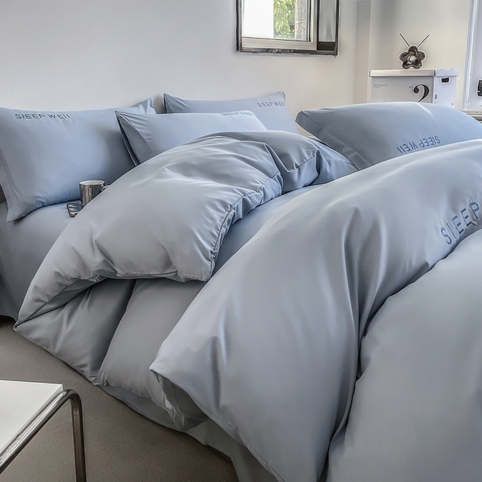 91家纺网 家纺一手货源 找家纺 啊雅家居 2026新款双拼绣花四季款磨毛三件套四件套床单款床笠款 奶兰灰