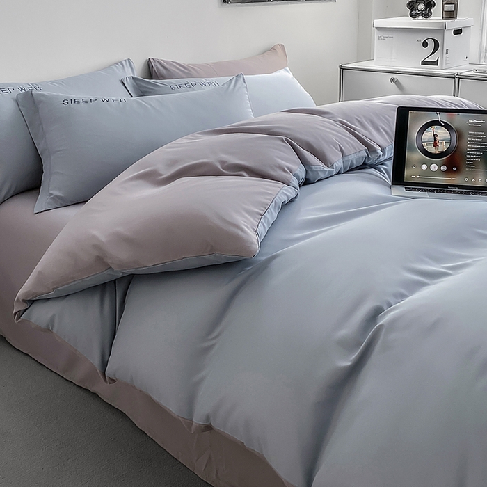 91家纺网 家纺一手货源 找家纺 啊雅家居 2026新款双拼绣花四季款磨毛三件套四件套床单款床笠款 奶兰灰加奶浅灰