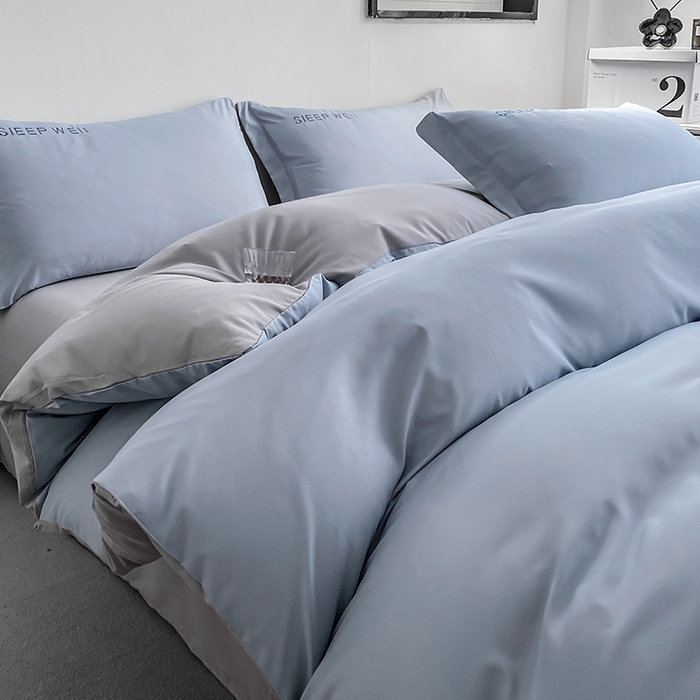 91家纺网 家纺一手货源 找家纺 啊雅家居 2026新款双拼绣花四季款磨毛三件套四件套床单款床笠款 奶兰灰加奶浅灰