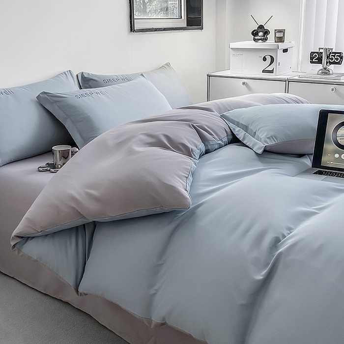 91家纺网 家纺一手货源 找家纺 啊雅家居 2026新款双拼绣花四季款磨毛三件套四件套床单款床笠款 奶兰灰加奶浅灰