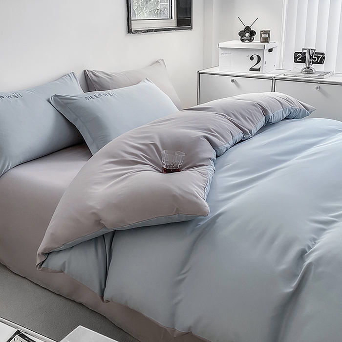 91家纺网 家纺一手货源 找家纺 啊雅家居 2026新款双拼绣花四季款磨毛三件套四件套床单款床笠款 奶兰灰加奶浅灰