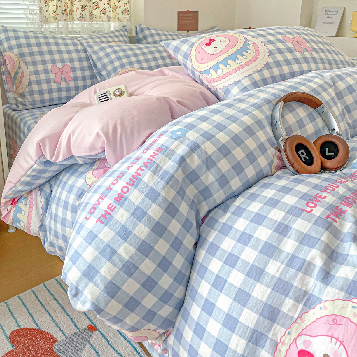 纽缦家纺 2026春夏新款A类水洗棉四件套 蛋糕蓝格kt