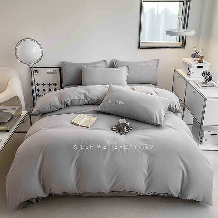 啊雅家居 2026新款双拼绣花四季款磨毛三件套四件套床单款床笠款 奶浅灰